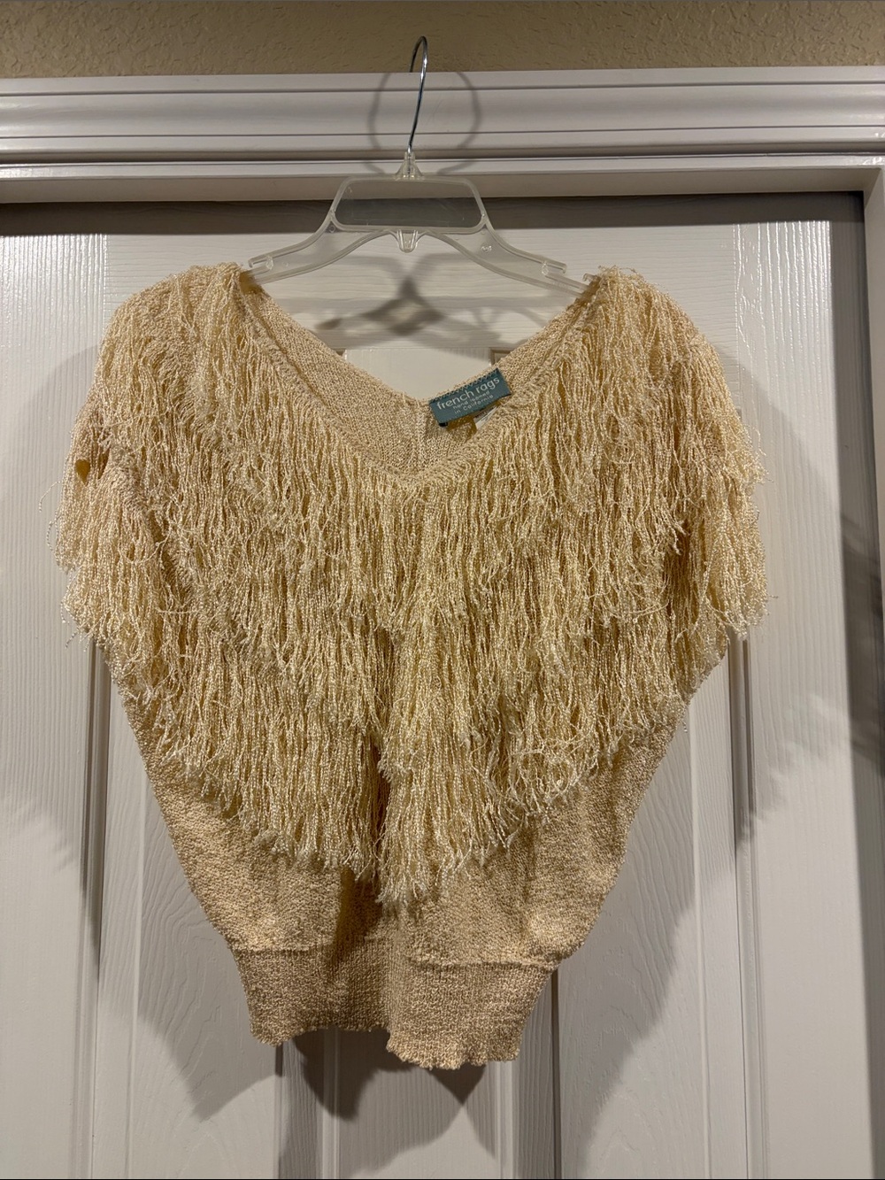 French Rags Hand loomed in CA fringe lightweight knit short sleeve top size 2 - Picture 1 of 6